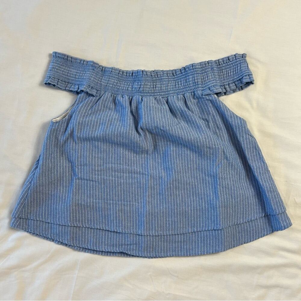 Boho Festival Off Shoulder Rose Embroidered Blue Stripe Crop Top Medium Shirt - Picture 5 of 8